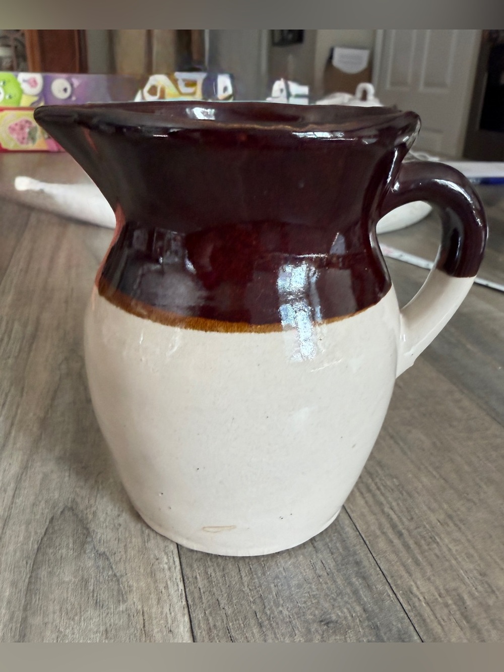 Vintage Two-Tone Ceramic Pitcher - Cream and Dark Brown USA